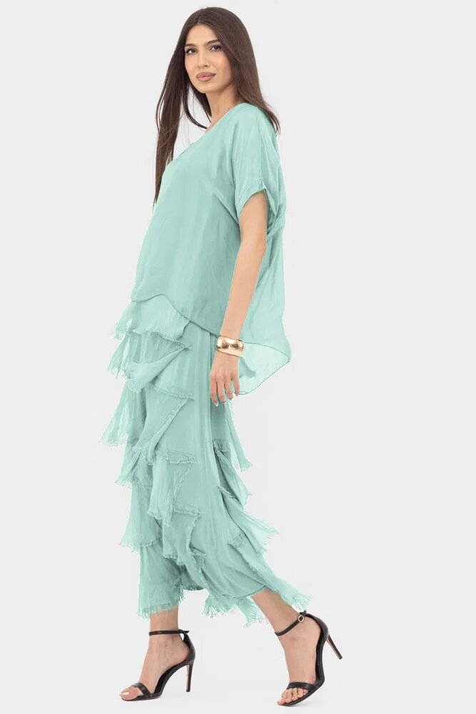 Shopika Rochie verde menta din matase si vascoza cu volane franjurate suprapuse