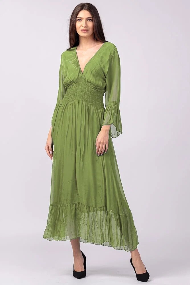 Shopika Rochie verde oliv din matase si vascoza cu banda elastica in talie si volane
