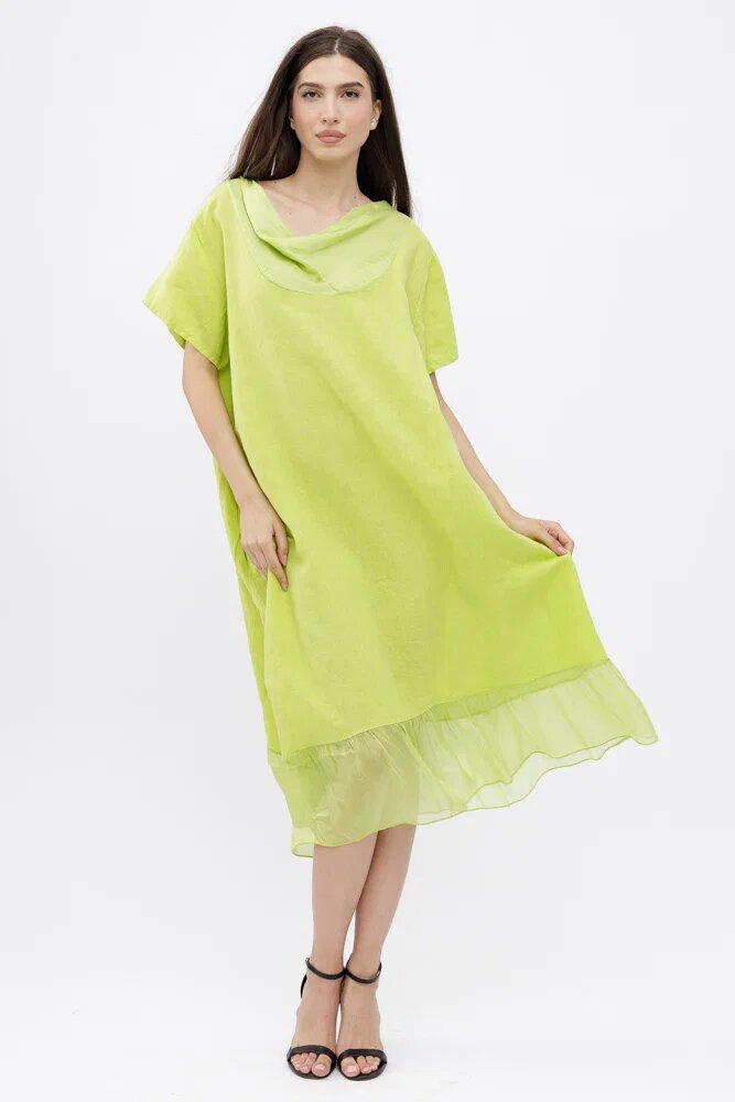 Shopika Rochie verde praz usor asimetrica A-line din in cu guler si volan din matase oversize