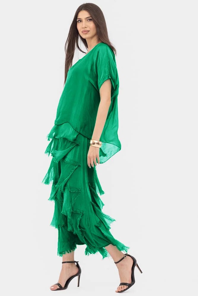 Shopika Rochie verde smarald din matase si vascoza cu volane franjurate suprapuse