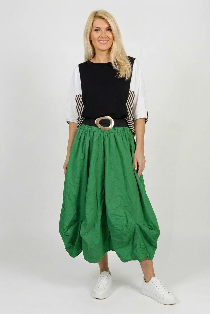 Shopika Romania Fusta midi ampla din bumbac cu fronseuri si buzunare verde