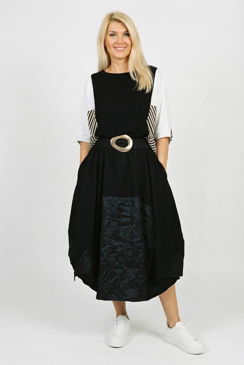 Shopika Romania Fusta midi balon din vascoza cu colturi si insertie material texturat satinat neagra