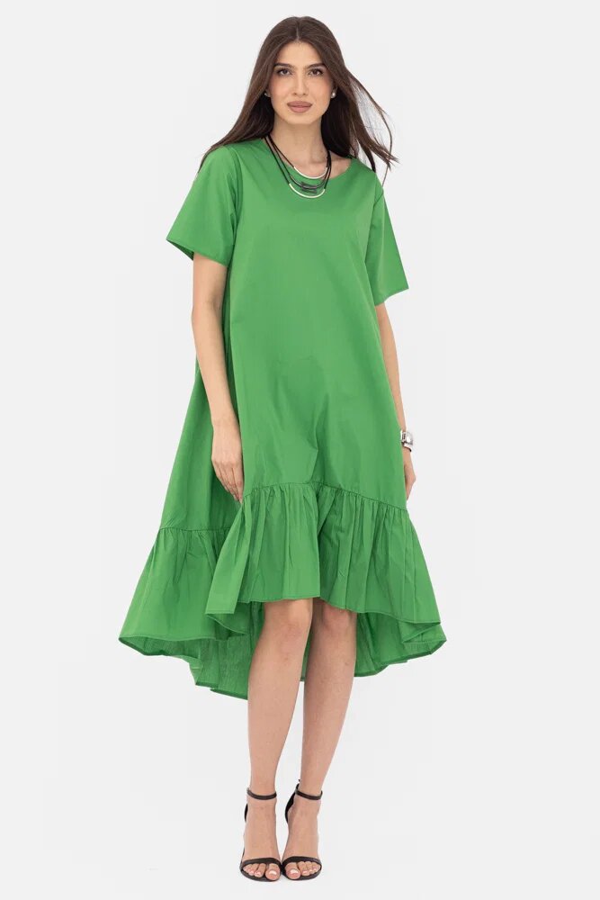 Shopika Romania Rochie A-line din poplin asimetrica cu volan la baza verde