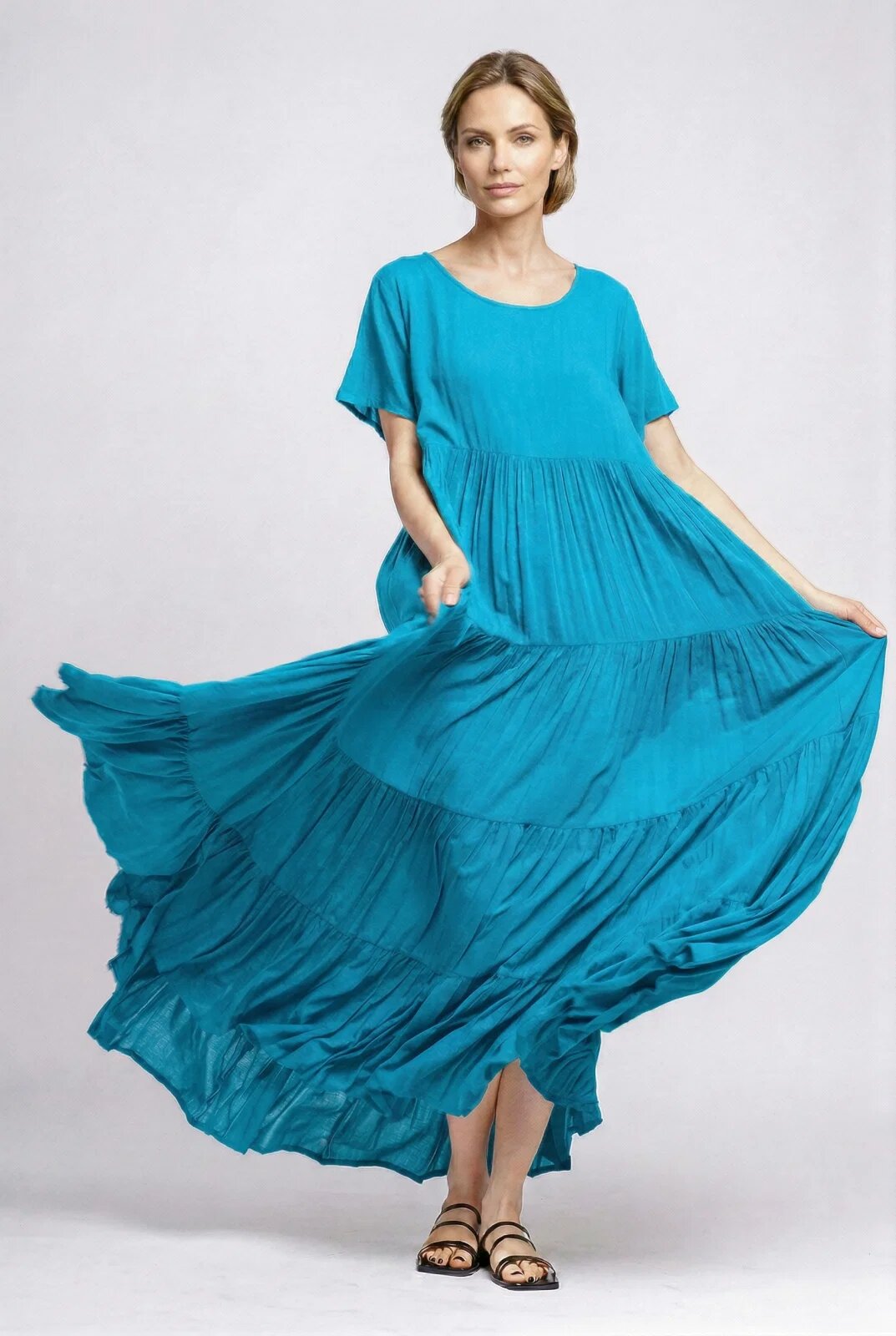 Shopika Romania Rochie lunga croi amplu cu patru volane stil boem elegant albastru azzuro