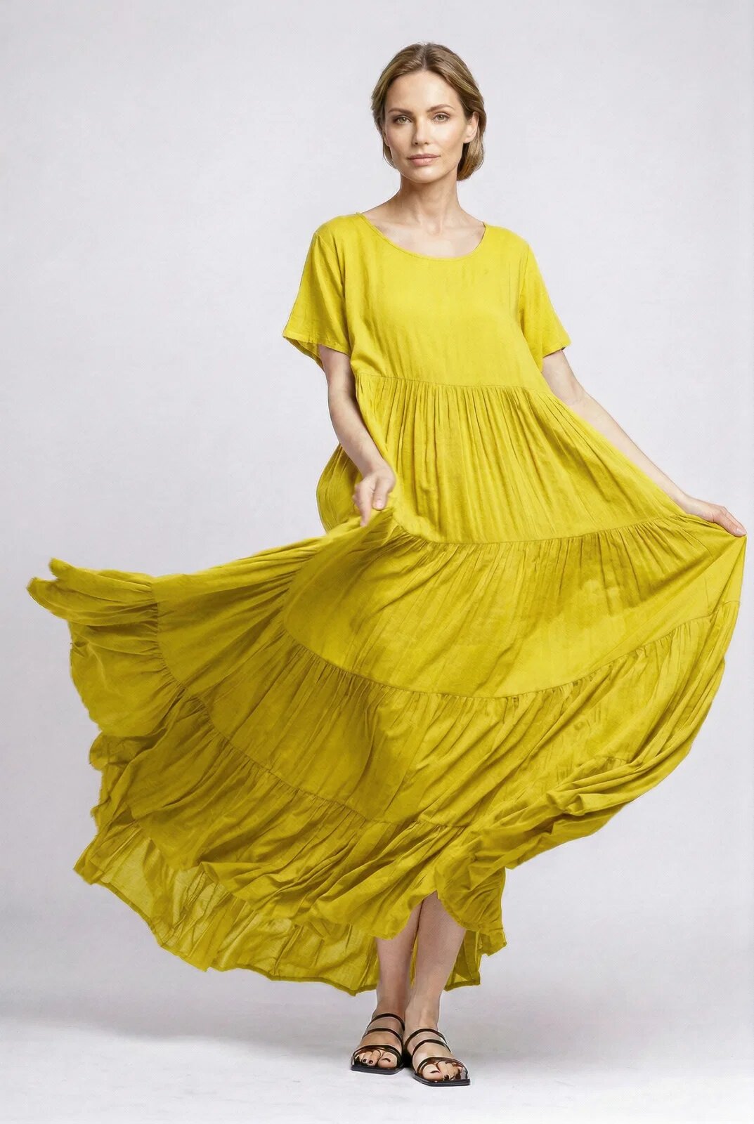 Shopika Romania Rochie lunga croi amplu cu patru volane stil boem elegant galbena