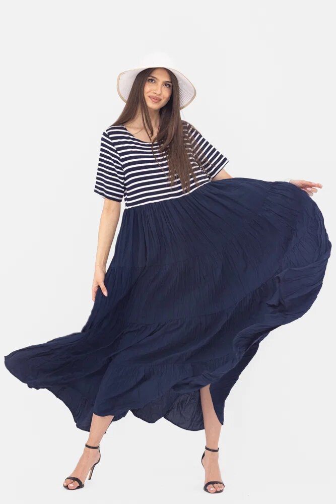 Shopika Romania Rochie lunga din doua materiale cu dungi albe si volane bleumarin