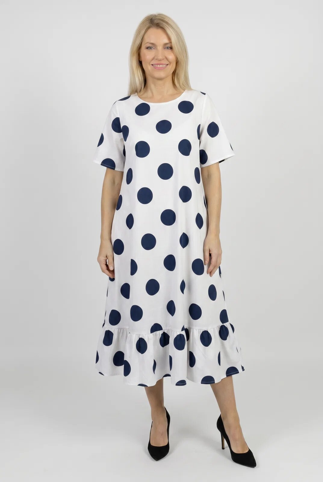 Shopika Romania Rochie midi lejera cu volan si imprimeu buline alb-bleumarin