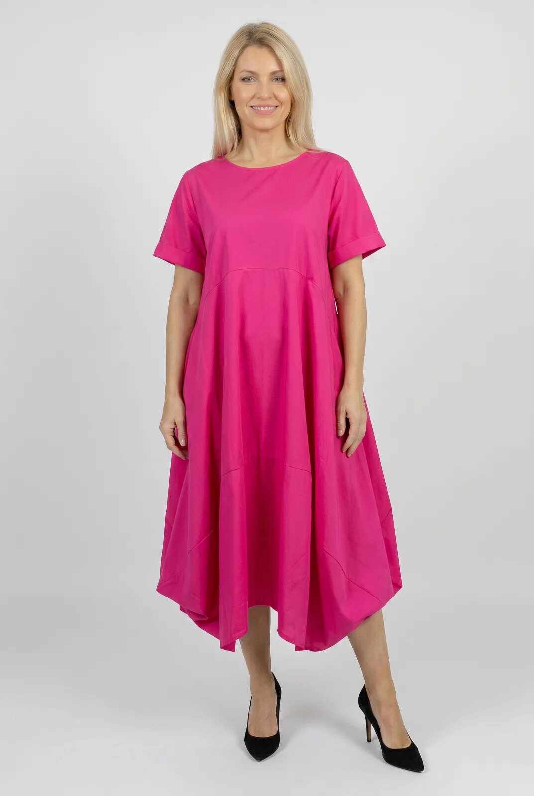 Shopika Romania Rochie midi lejera oversize din bumbac cu croi amplu si colturi fucsia