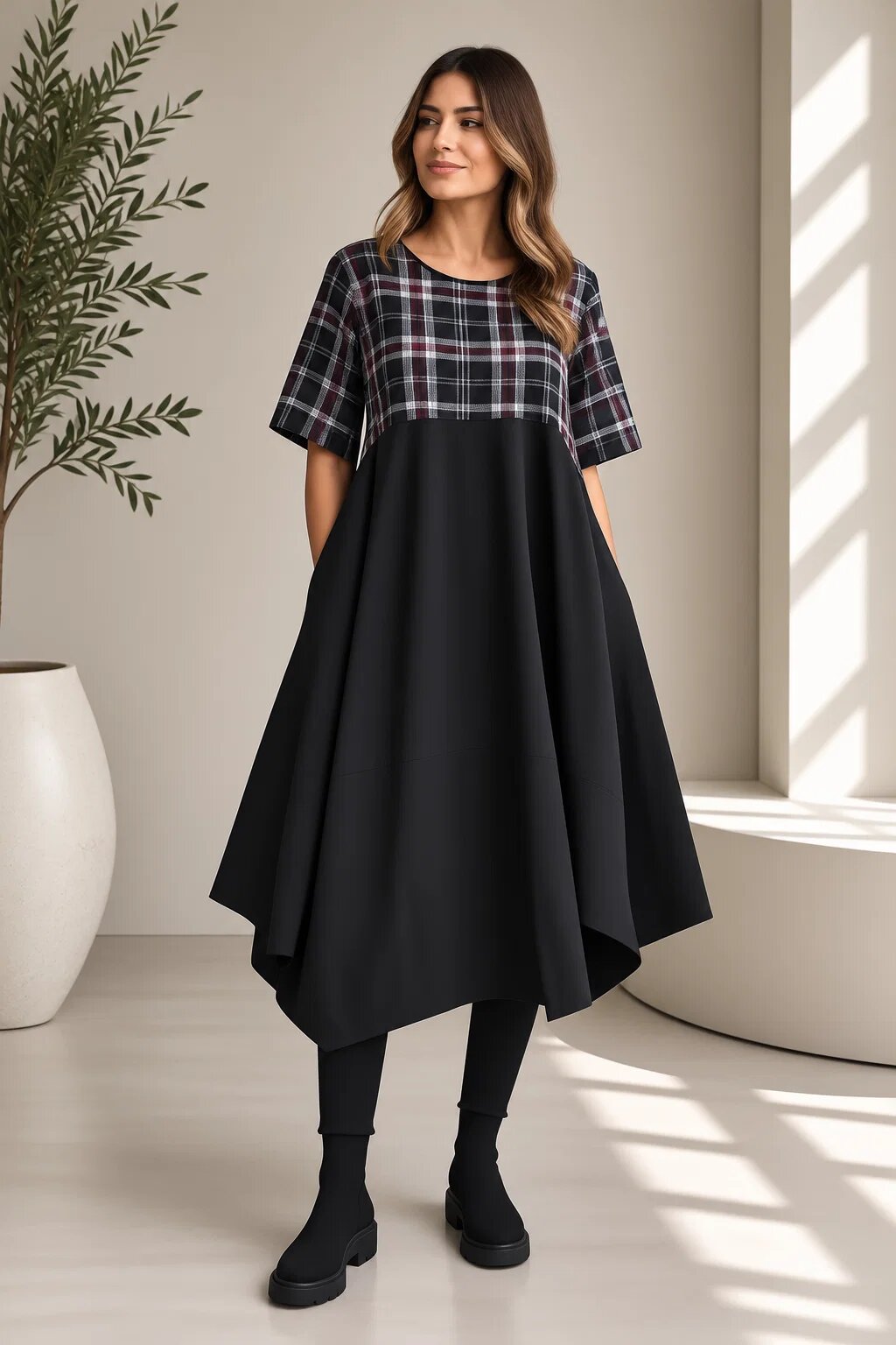 Shopika Romania Rochie midi lejera oversize din vascoza cu croi amplu si colturi neagra cu carouri