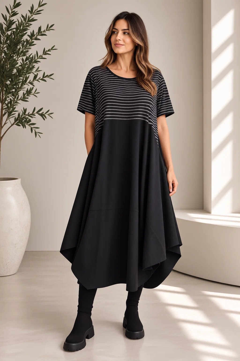 Shopika Romania Rochie midi lejera oversize din vascoza cu croi amplu si colturi neagra cu dungute albe