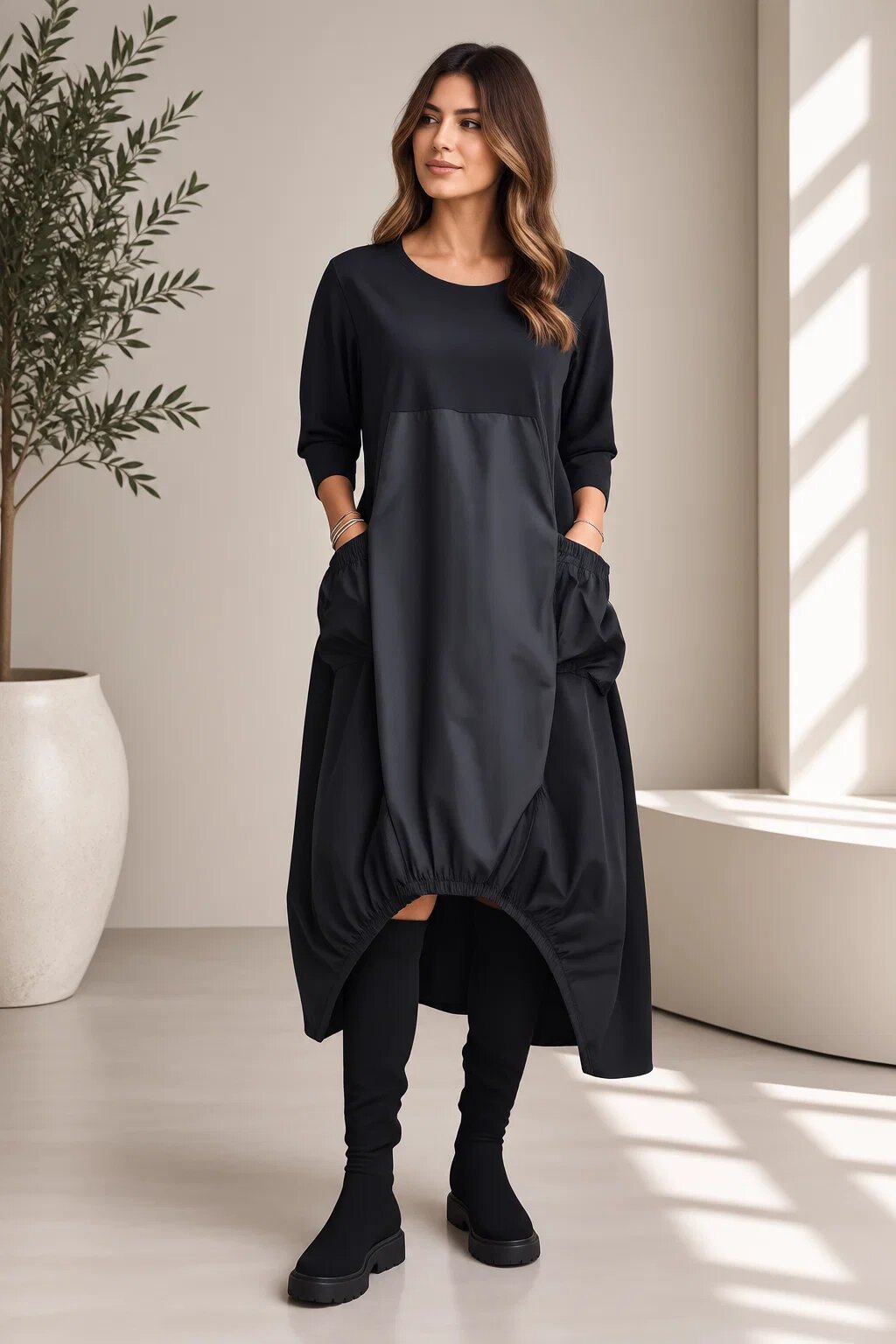 Shopika Romania Rochie midi oversize cu tafta si croi asimetric negru