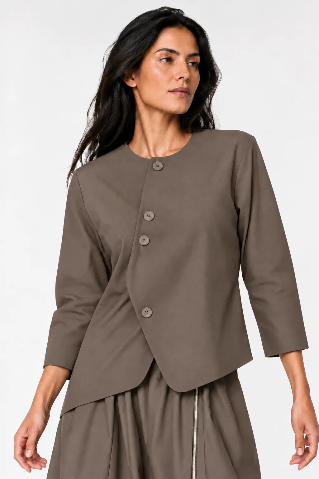 Shopika Sacou dama asimetric fara rever cu design arhitectural bej fango