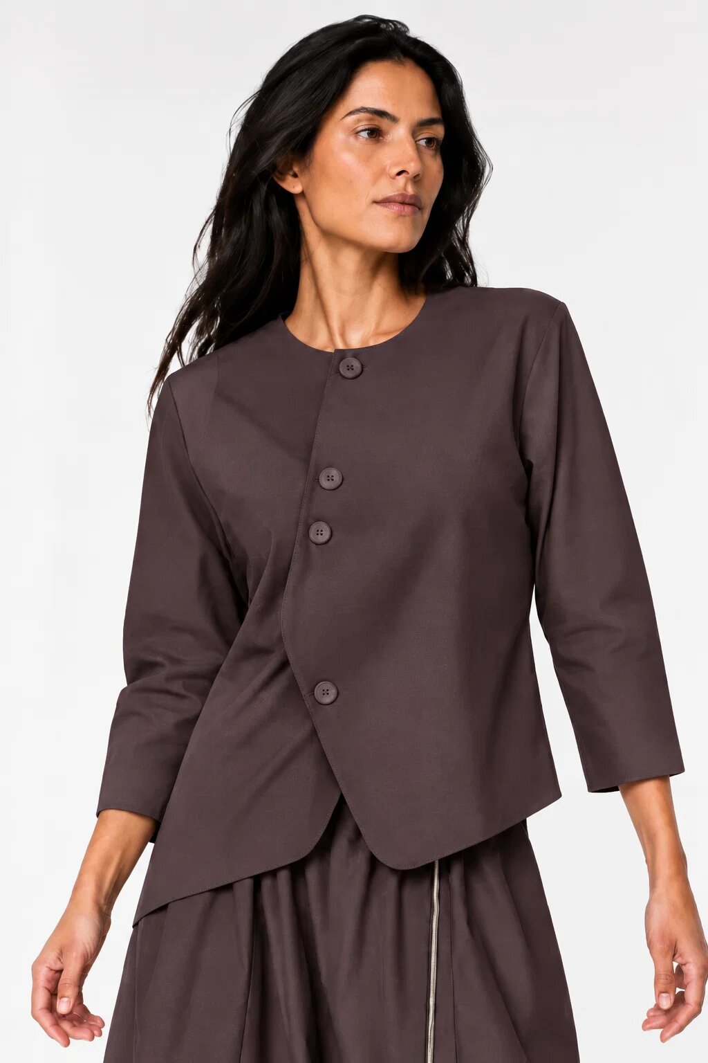 Shopika Sacou dama asimetric fara rever cu design arhitectural maro