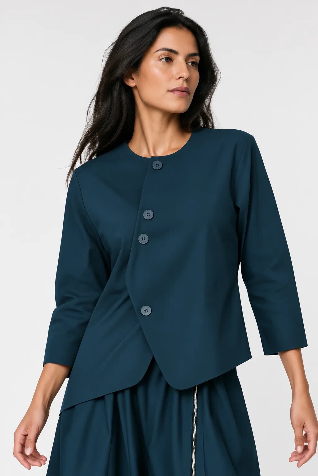 Shopika Sacou dama asimetric fara rever cu design arhitectural turcoaz inchis