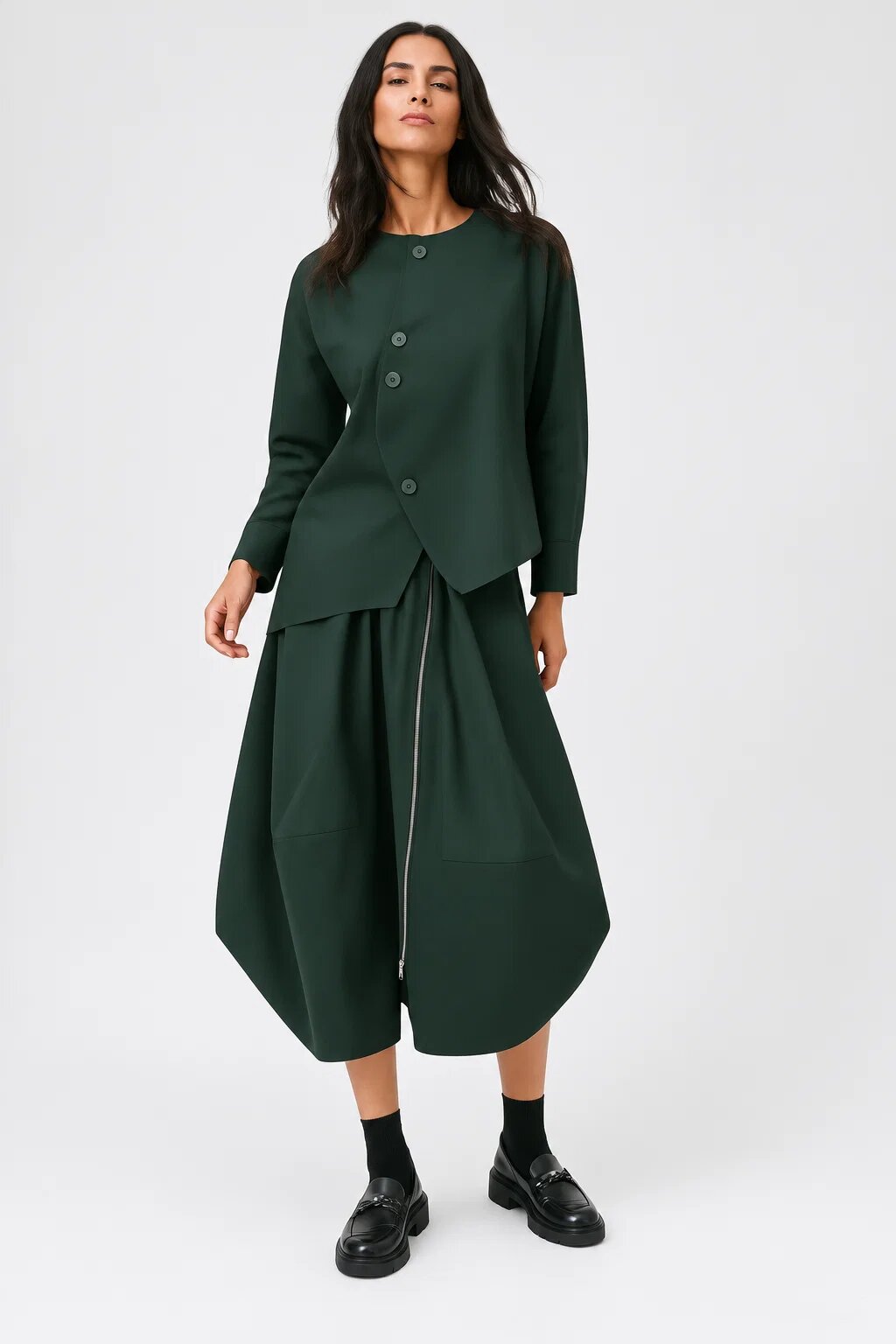 Shopika Sacou dama asimetric fara rever cu design arhitectural verde