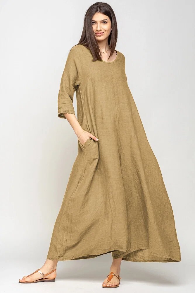 Shopika Salopeta de vara larga din in cu maneci camel