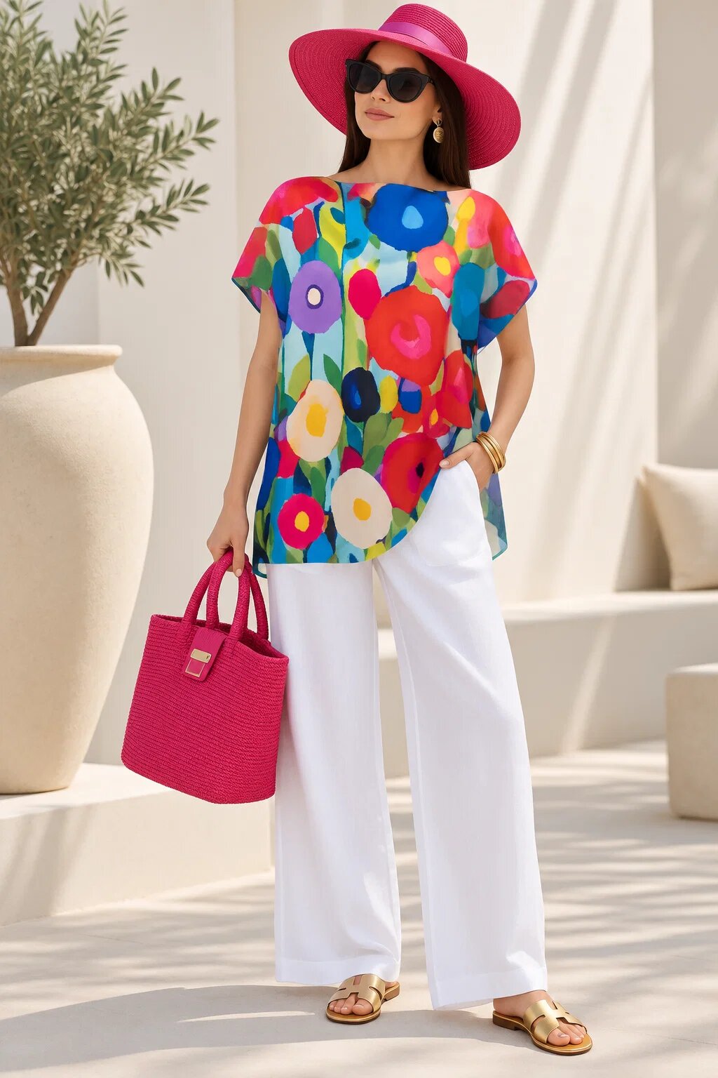 Shopika Summer Bluza de vara tip poncho din matase cu imprimeu flori picturale