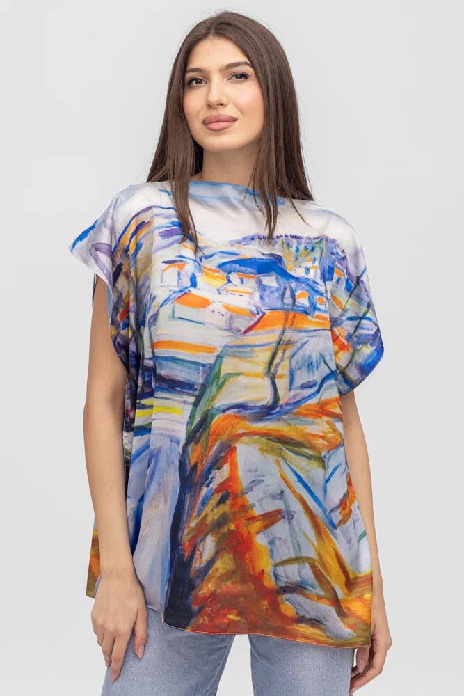 Shopika Summer Bluza de vara tip poncho din matase imprimata cu model inspirat dupa picturi celebre
