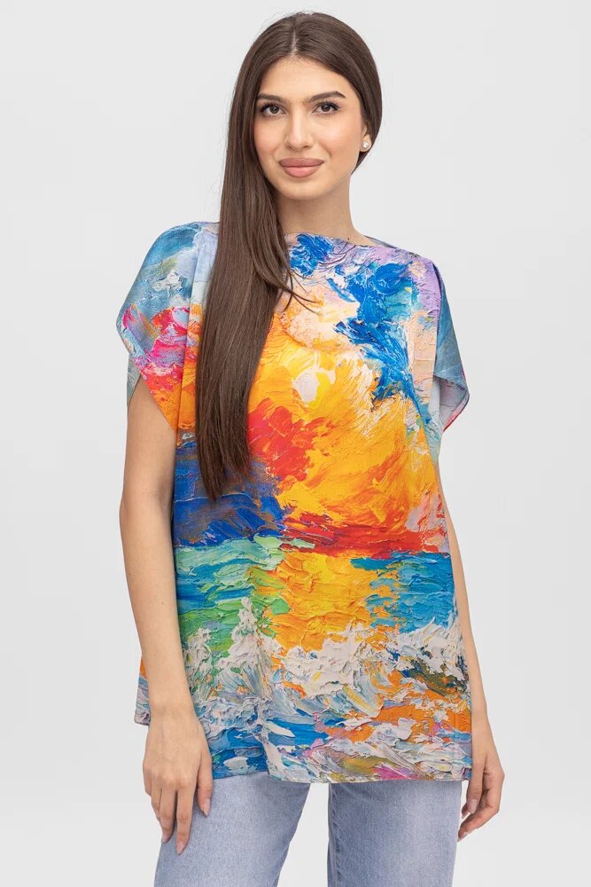 Shopika Summer Bluza de vara tip poncho din matase imprimata cu reproduceri dupa picturi celebre