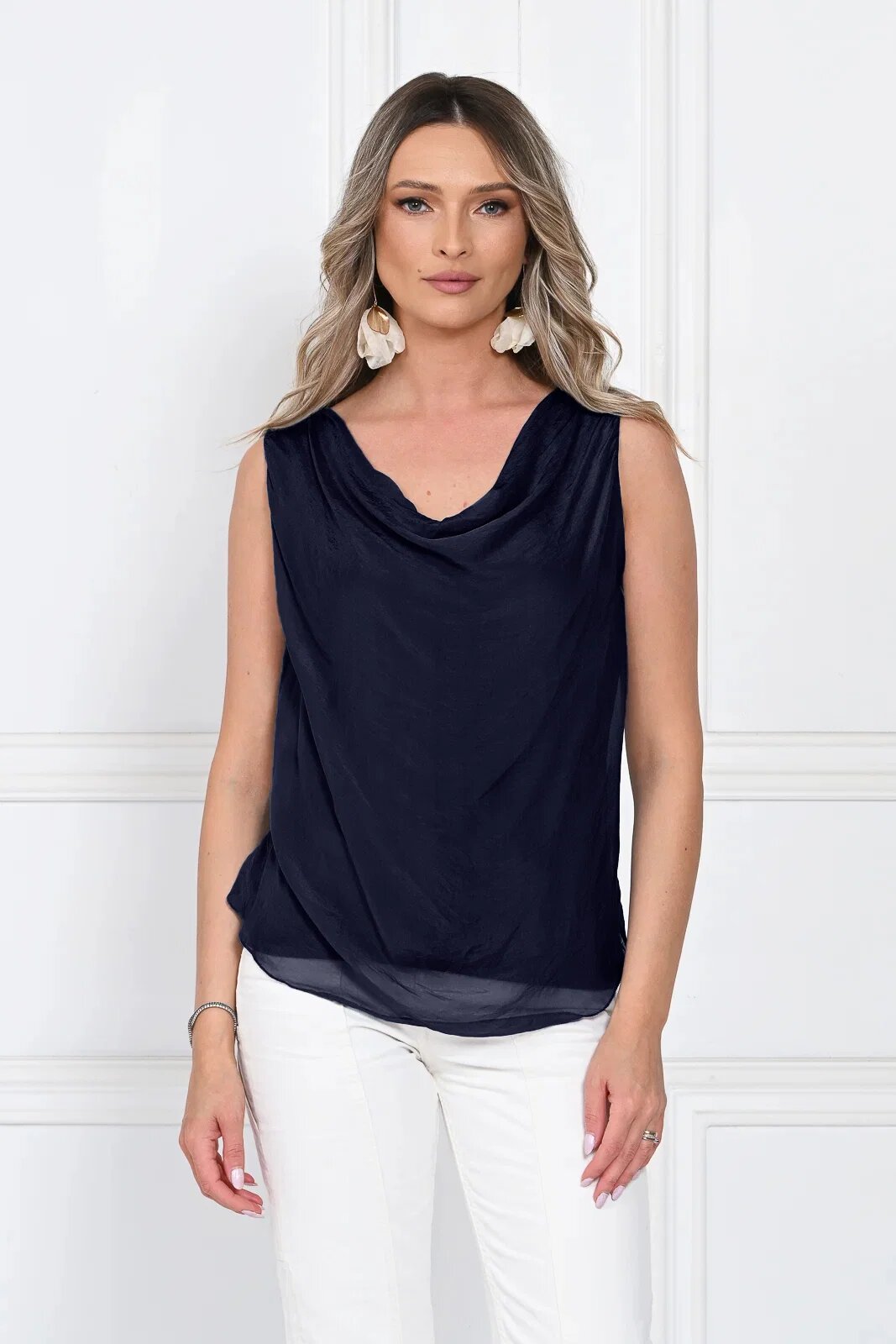 Shopika Top dama elegant lejer cu decolteu drapat si croi fluid bleumarin