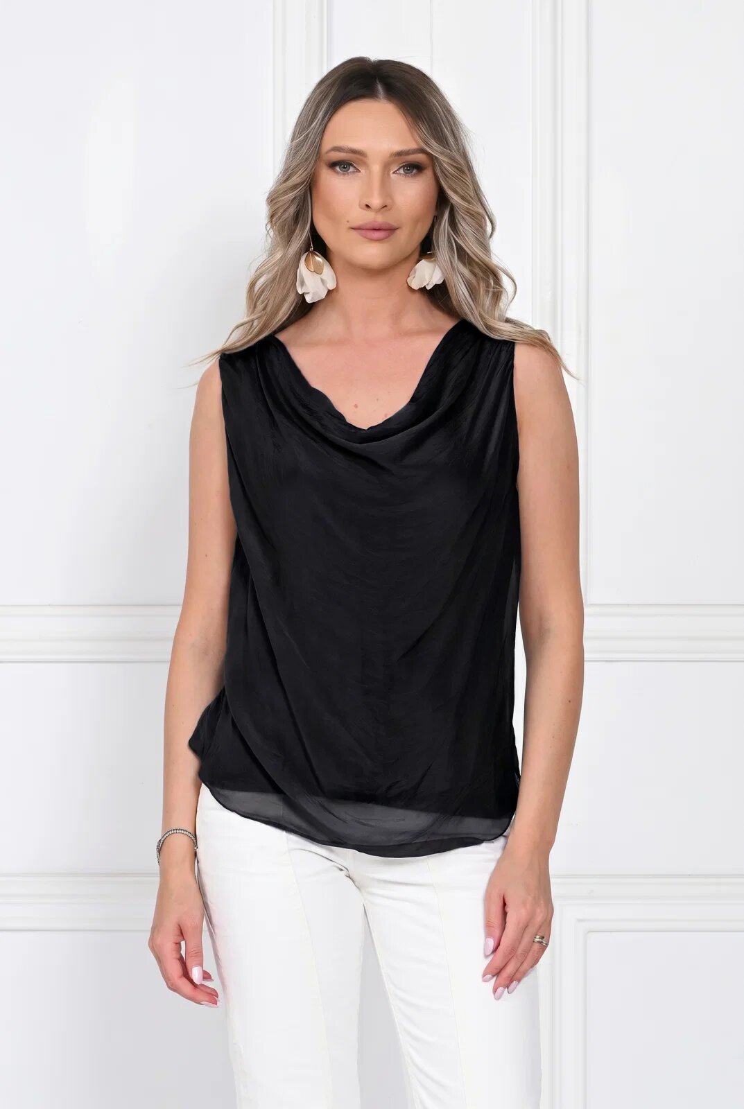 Shopika Top dama elegant lejer cu decolteu drapat si croi fluid negru