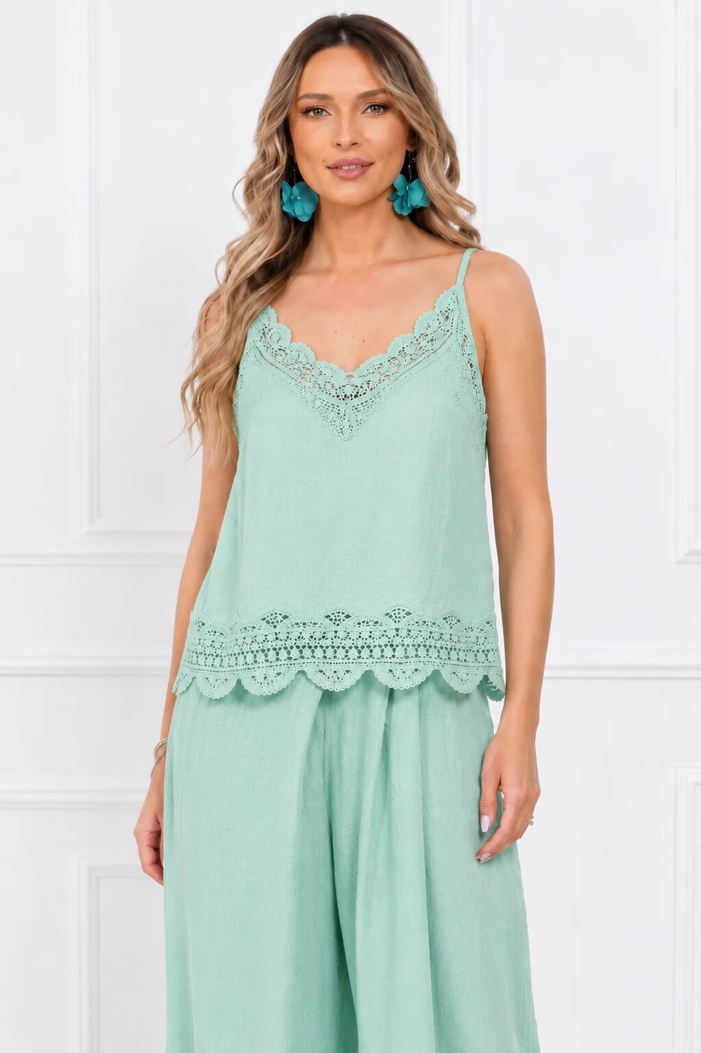 Shopika Top din bumbac cu dantela bretele subtiri croi lejer verde menta