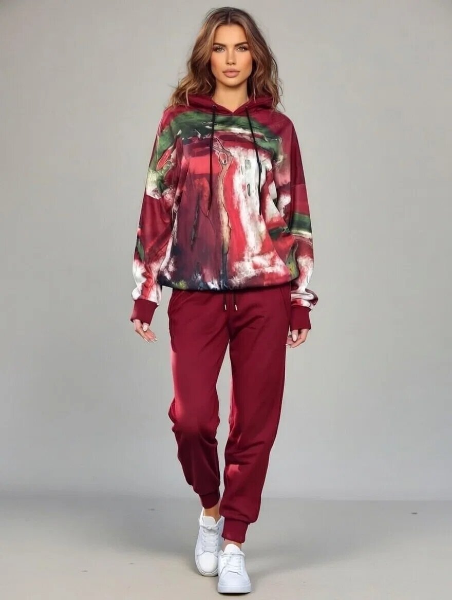 Shopika Trening dama din catifea cu hanorac imprimat si pantaloni jogger bordo