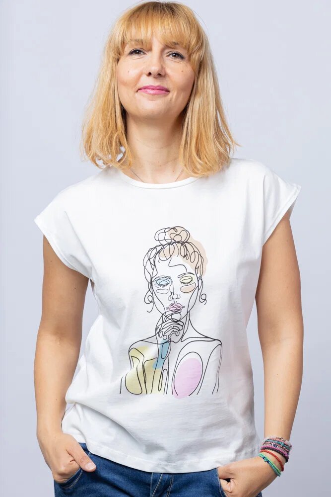 Shopika Tricou alb cu imprimeu bust fata desenata din linii din bumbac