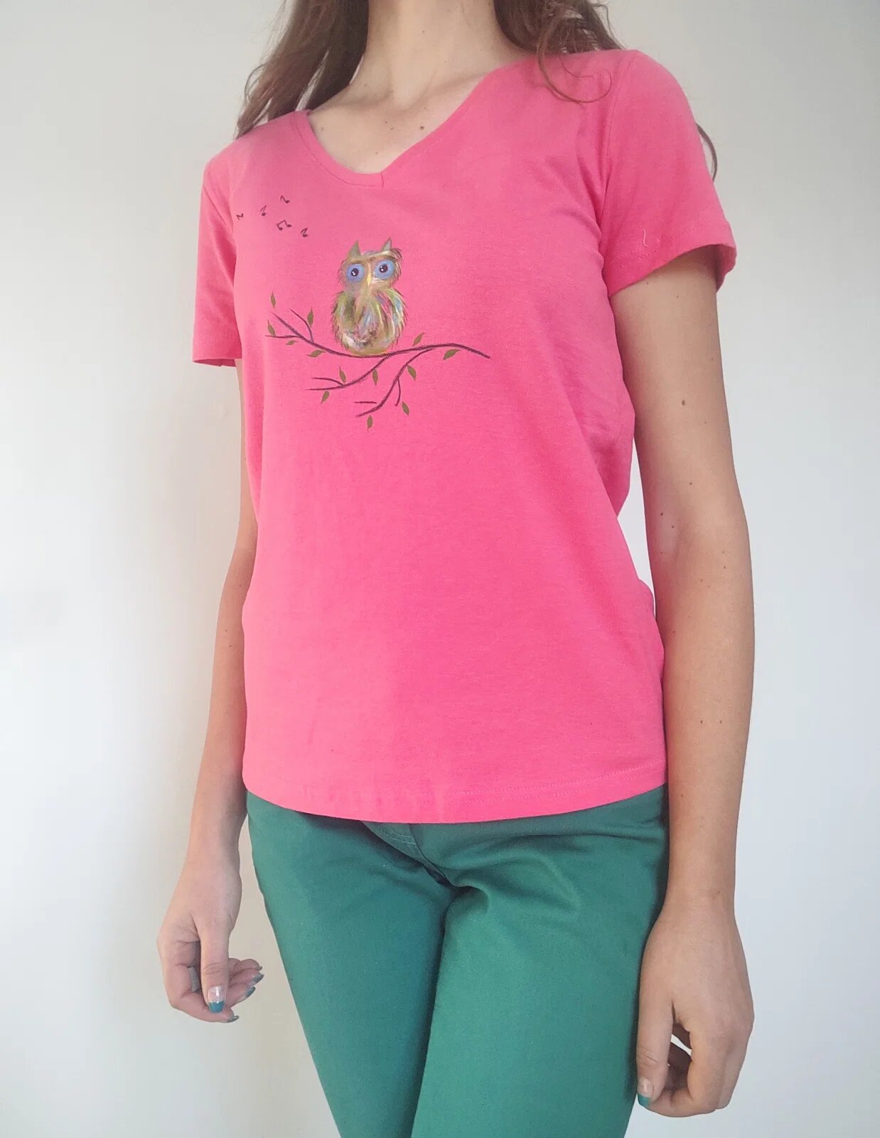 Shopika Tricou din bumbac roz cu bufnita pictata manual