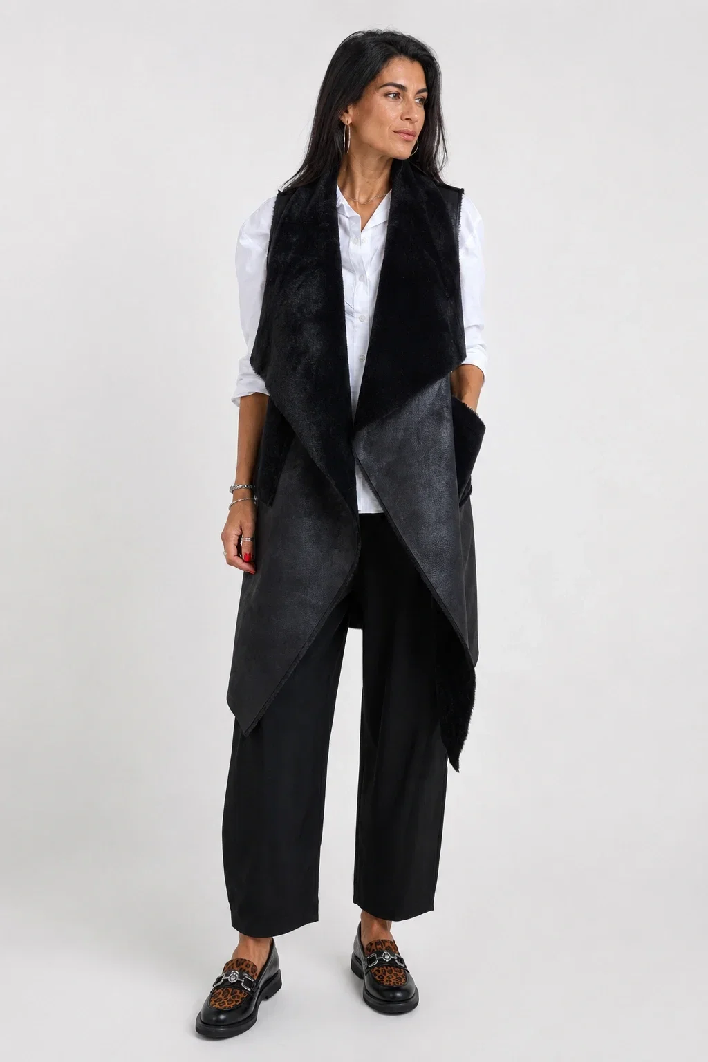 Shopika Vesta lunga dama reversibila din blana artificiala cu rever amplu neagra