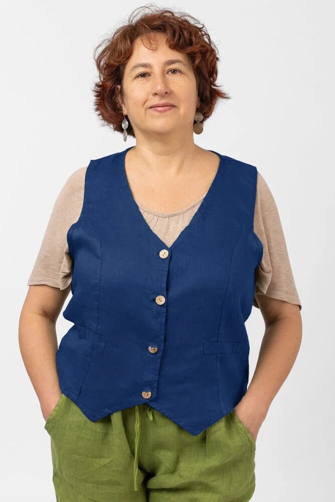 Shopika Vesta trendy din in cu colturi si nasturi de lemn albastru electric