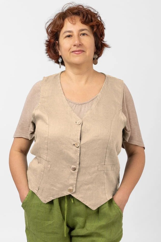 Shopika Vesta trendy din in cu colturi si nasturi de lemn bej