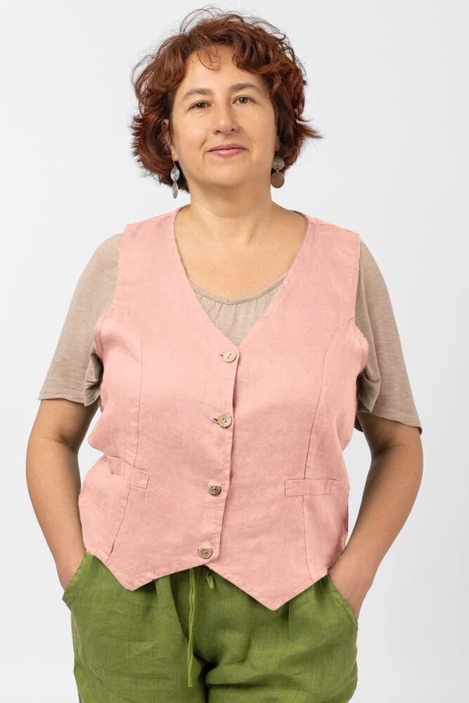 Shopika Vesta trendy din in cu colturi si nasturi de lemn roz