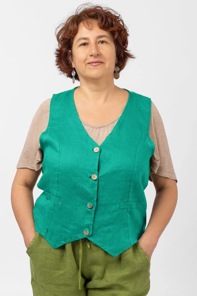 Shopika Vesta trendy din in cu colturi si nasturi de lemn turcoaz