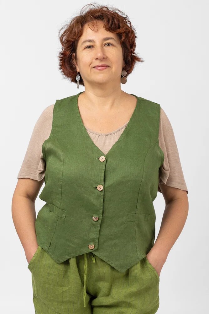 Shopika Vesta trendy din in cu colturi si nasturi de lemn verde olive
