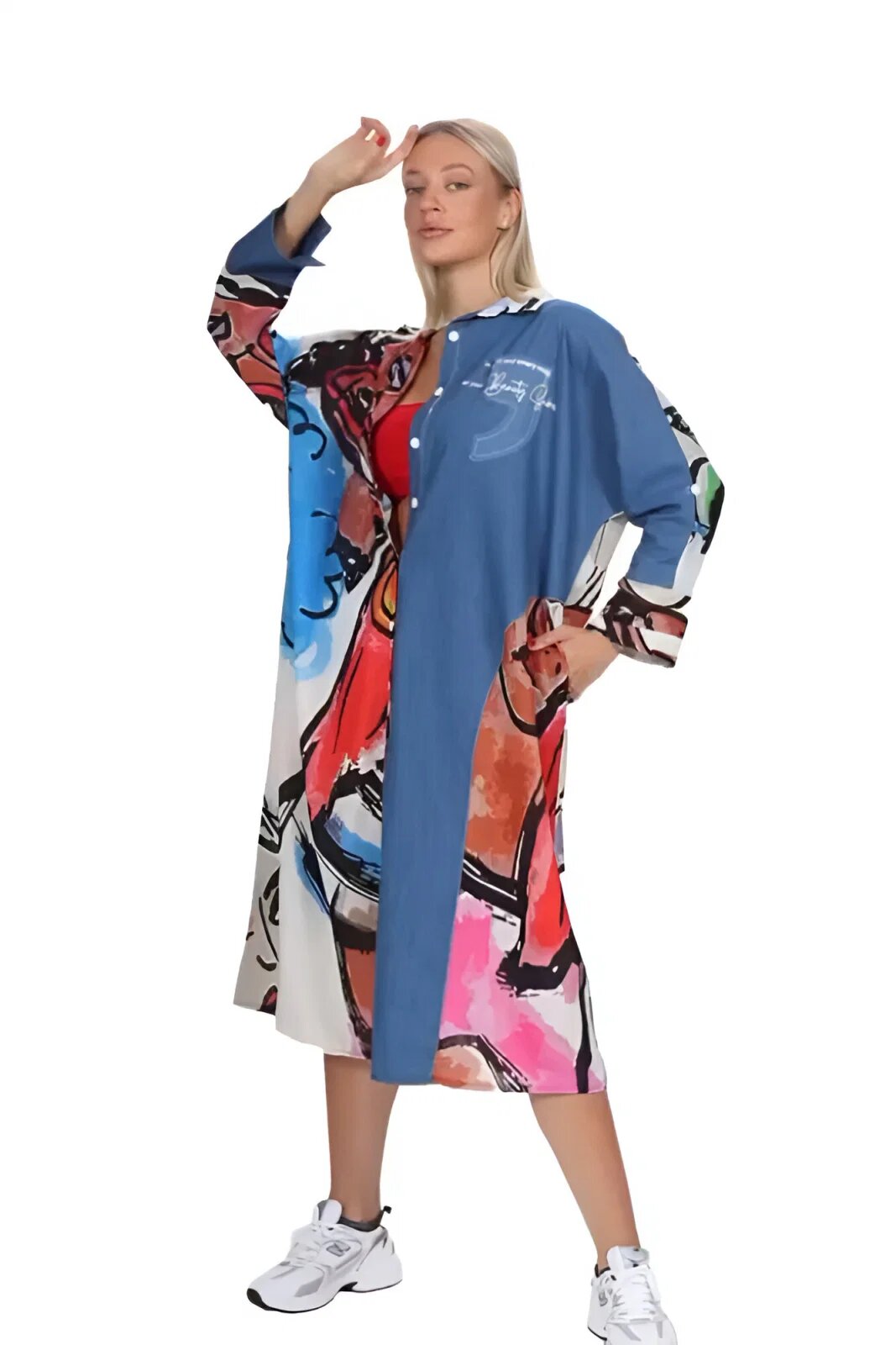 SOUCHI Rochie camasa oversize cu insertie jeans si imprimeu abstract