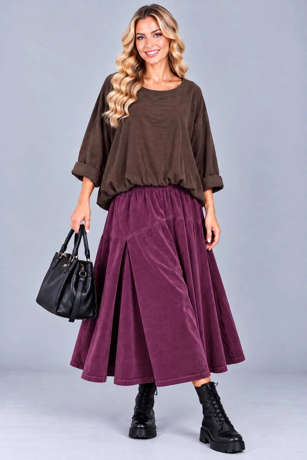 Stella Milani Bluza din catifea reiata fina de bumbac cu efect bluzat si croi lejer maro