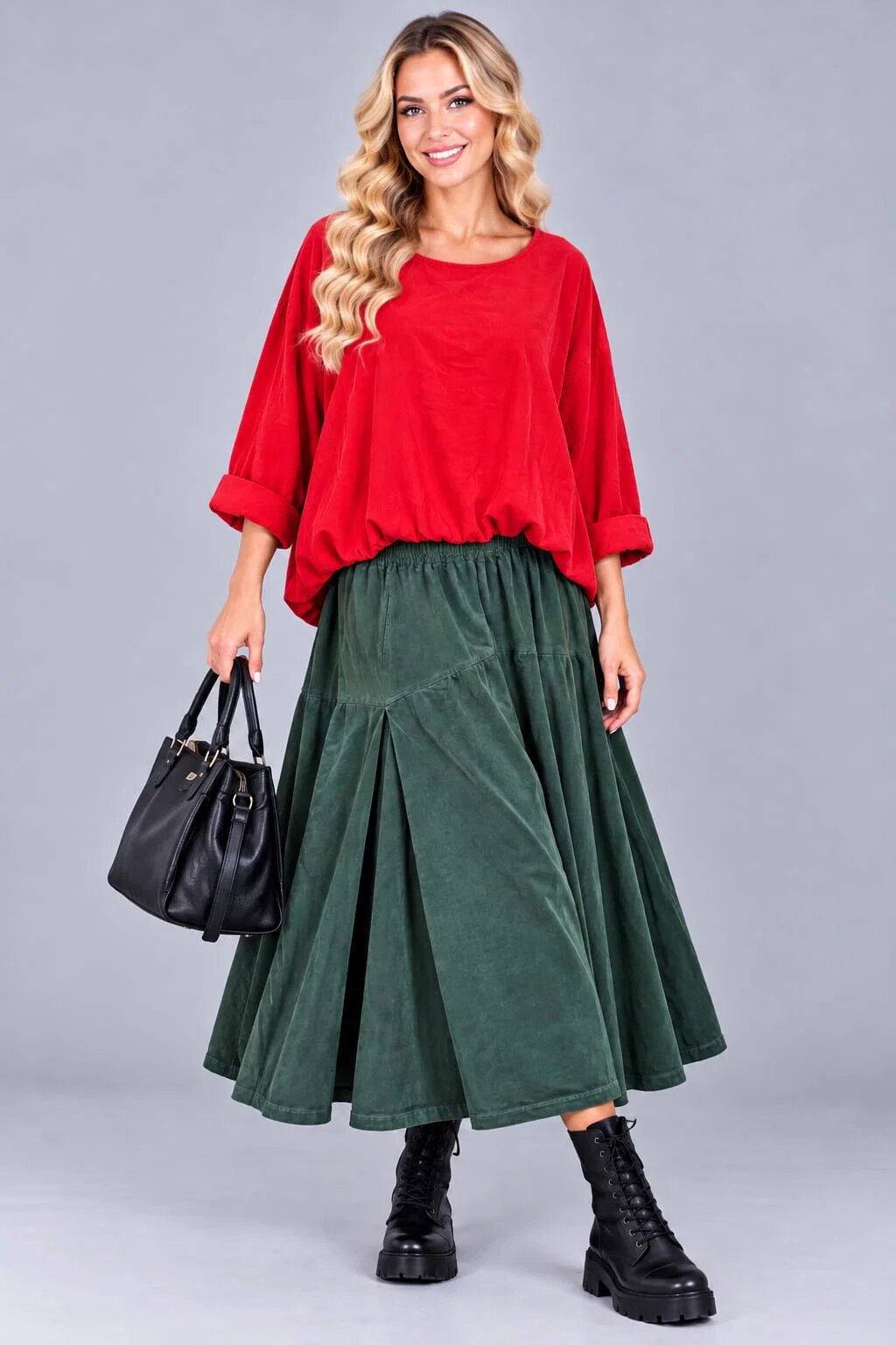 Stella Milani Bluza din catifea reiata fina de bumbac cu efect bluzat si croi lejer rosu