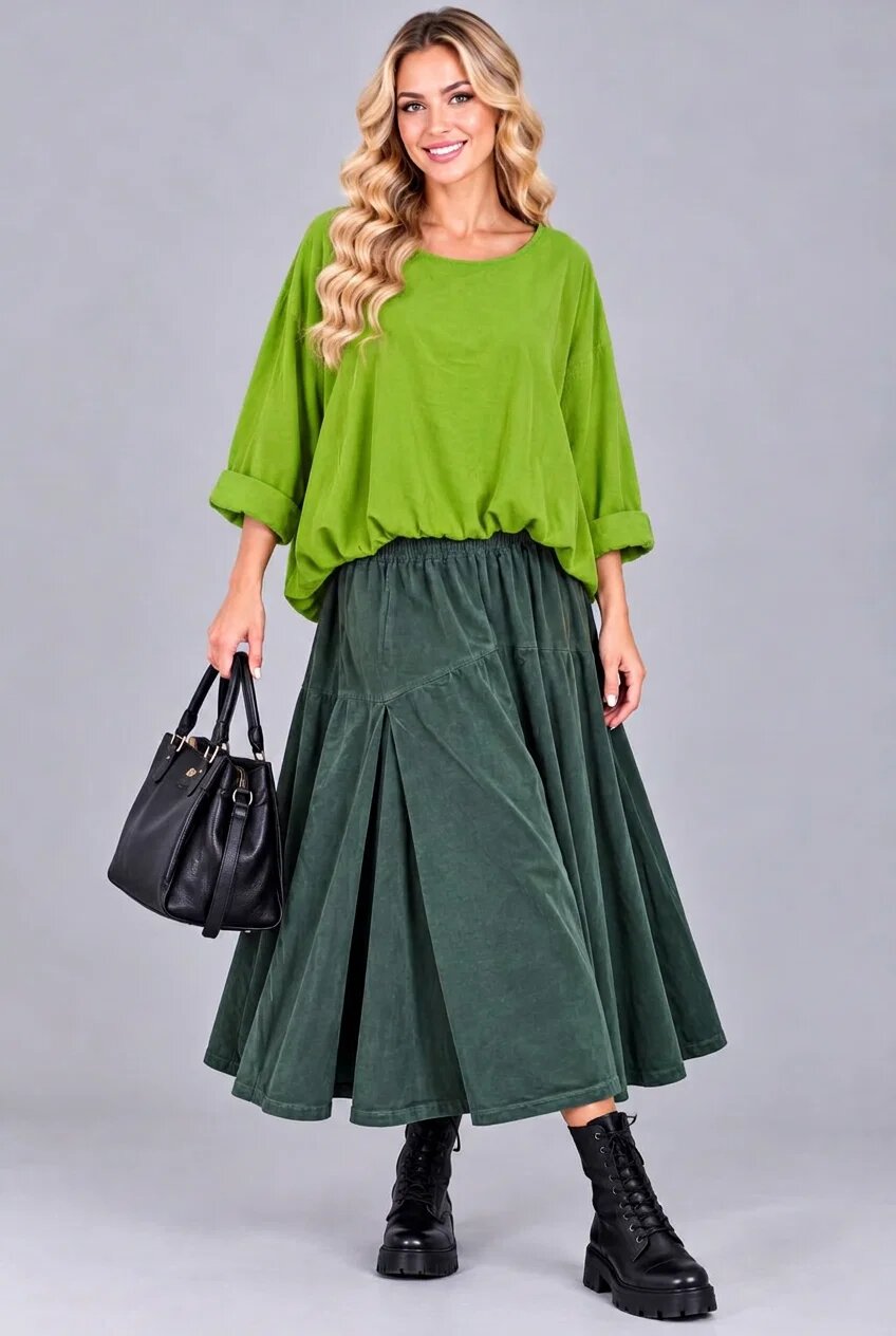 Stella Milani Bluza din catifea reiata fina de bumbac cu efect bluzat si croi lejer verde deschis