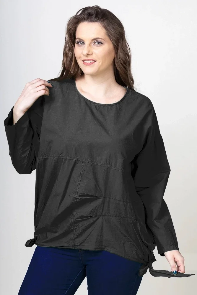 Stella Milani Bluza oversize din bumbac cu maneca 1 2 si funde laterale neagra
