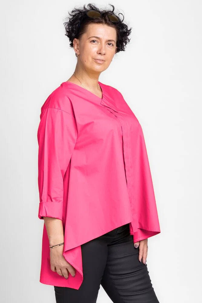 Stella Milani Camasa fucsia asimetrica din poplin de bumbac cu decolteu V