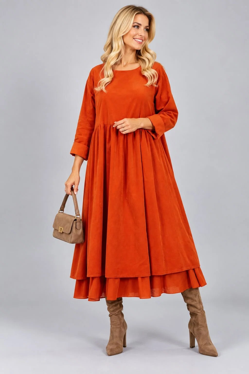 Stella Milani Rochie din catifea reiata de bumbac cu fusta ampla si volan dublu din batist caramizie