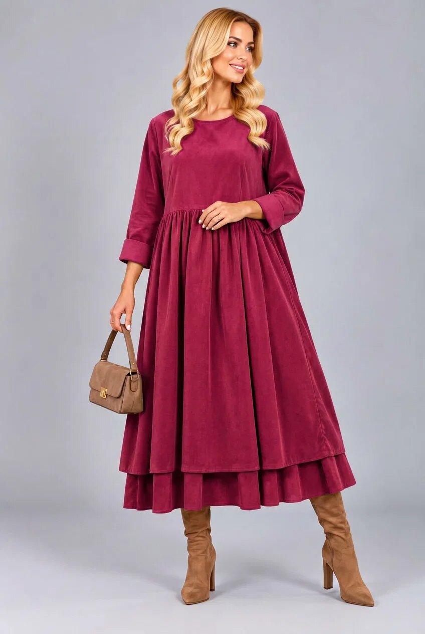 Stella Milani Rochie din catifea reiata de bumbac cu fusta ampla si volan dublu din batist magenta
