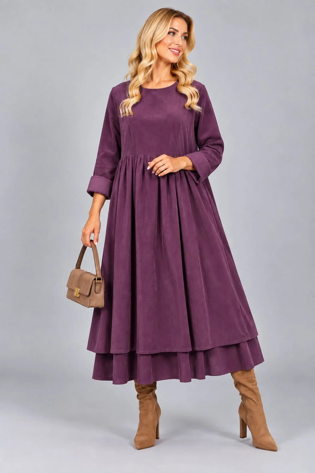 Stella Milani Rochie din catifea reiata de bumbac cu fusta ampla si volan dublu din batist mov