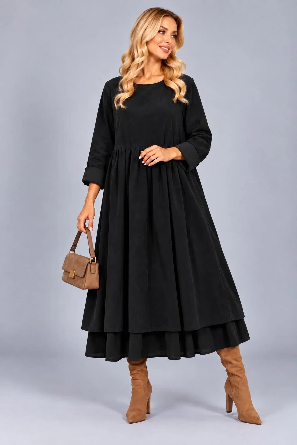 Stella Milani Rochie din catifea reiata de bumbac cu fusta ampla si volan dublu din batist neagra
