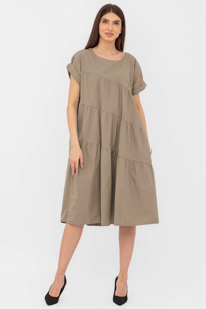 Stella Milani Rochie din poplin satinat cu volane oblice bej inchis