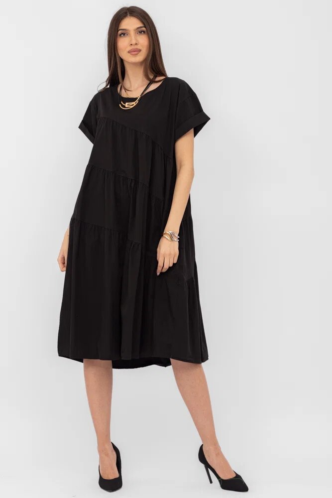 Stella Milani Rochie din poplin satinat cu volane oblice neagra