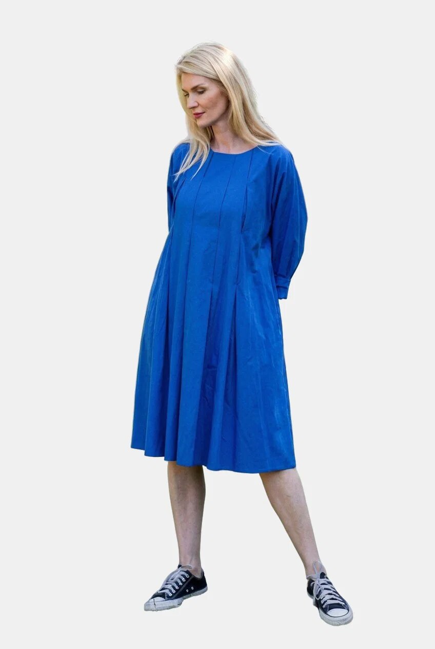 Stella Milani Rochie midi albastra cu pliuri in fata si spate din poplin de bumbac