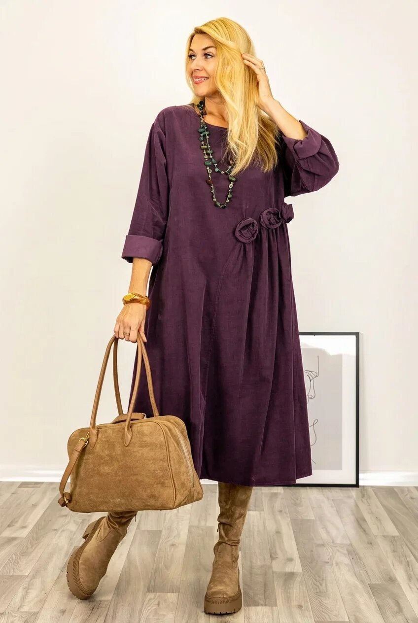 Stella Milani Rochie midi cu taietura oblica si boboci din catifea reiata mov