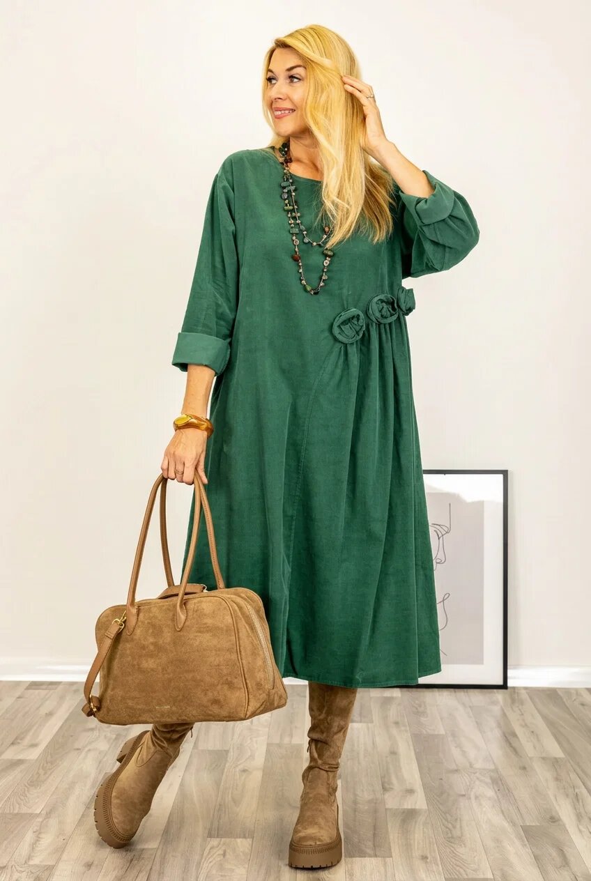 Stella Milani Rochie midi cu taietura oblica si boboci din catifea reiata verde